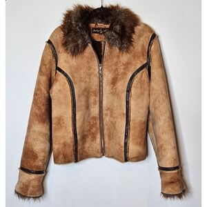 Baby Phat Vintage Genuine Leather Faux Fur Collar‎ Suede Zip Jacket XL Y2K Retro